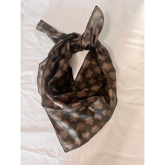 ROBERT TALBOTT Fine Silk Scarf Printed in Italy  - Brown / Blu - Semi Sheer - Picture 4 of 11